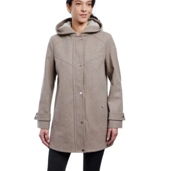 London Fog Sherpa Hood Wool-Blend Coat-Petite Small-Taupe Heather-New with Tags - Picture 1 of 7